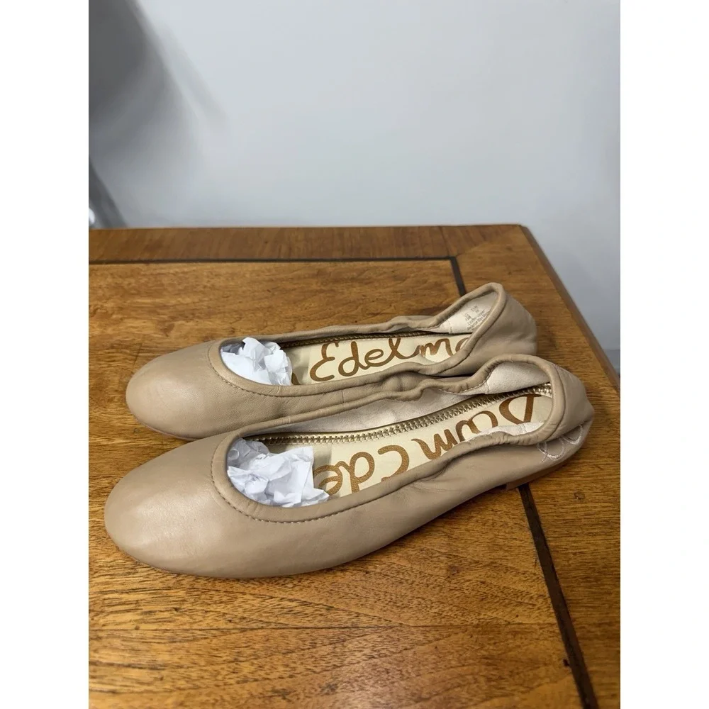 Sam Edelman Women's 9 Nude  Leather Round Toe Ballet Flats Shoes Embroidered